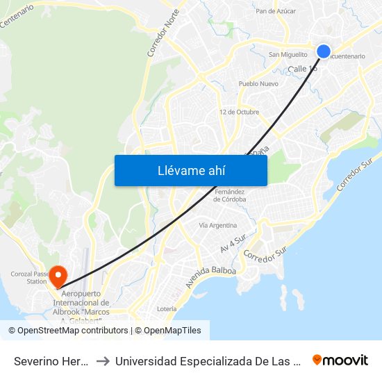 Severino Hernandez-I to Universidad Especializada De Las Americas (Udelas) map