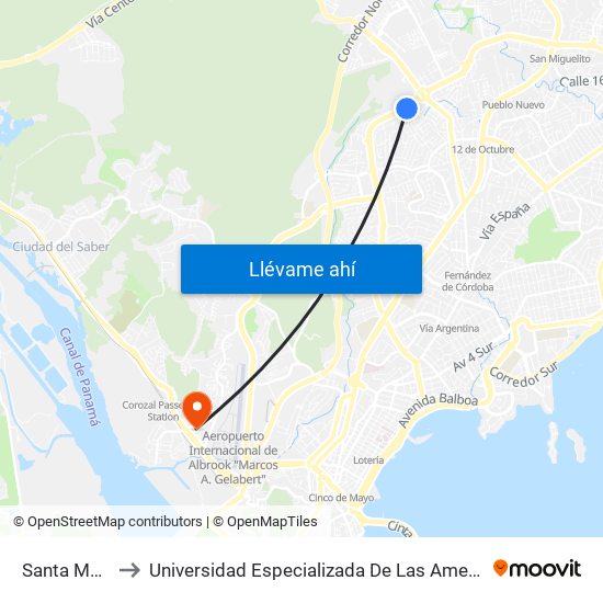 Santa Maria-R to Universidad Especializada De Las Americas (Udelas) map