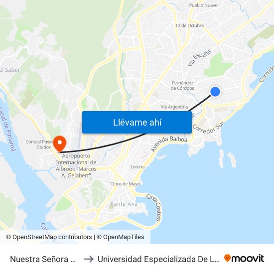 Nuestra Señora De Guadalupe to Universidad Especializada De Las Americas (Udelas) map