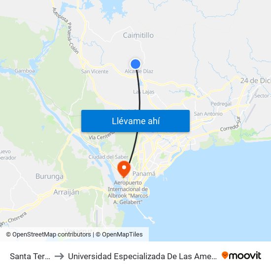 Santa Teresa-I to Universidad Especializada De Las Americas (Udelas) map