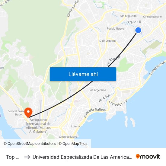 Top Aire to Universidad Especializada De Las Americas (Udelas) map