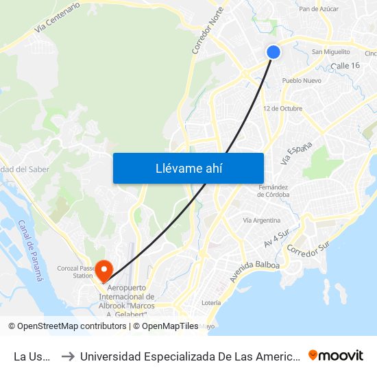La Usma-I to Universidad Especializada De Las Americas (Udelas) map