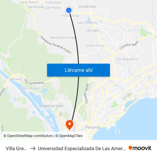 Villa Grecia-R to Universidad Especializada De Las Americas (Udelas) map