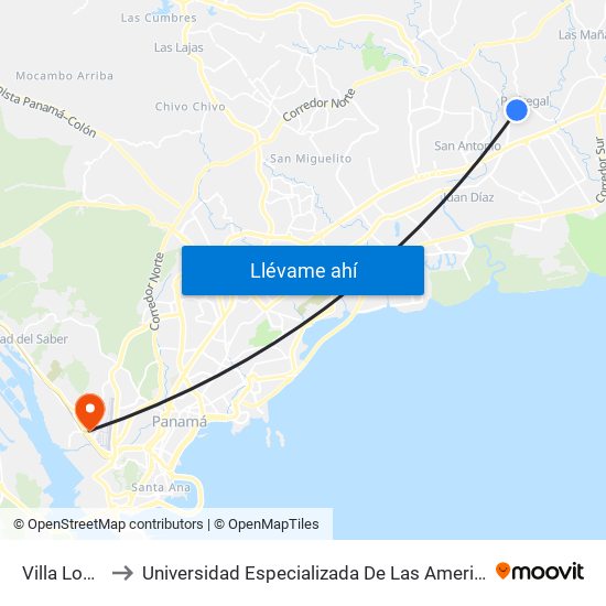 Villa Lobos-I to Universidad Especializada De Las Americas (Udelas) map