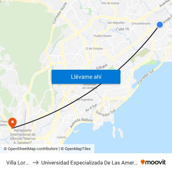 Villa Lorena-I to Universidad Especializada De Las Americas (Udelas) map