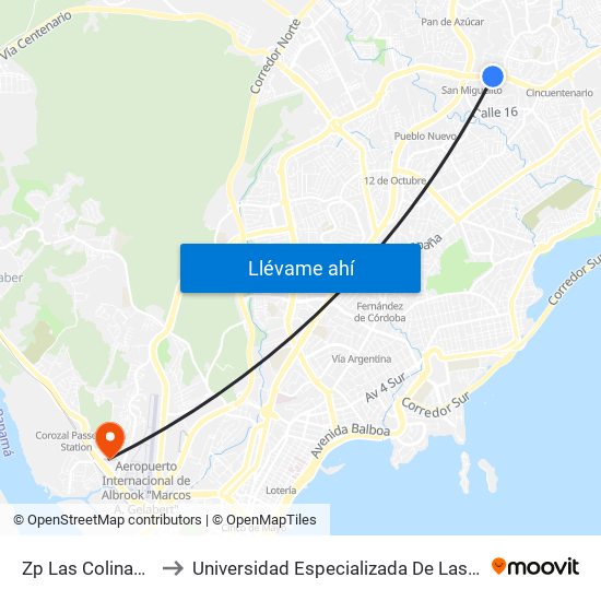 Zp Las Colinas - Bahía 3 to Universidad Especializada De Las Americas (Udelas) map