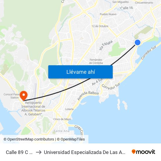 Calle 89 C Este-R to Universidad Especializada De Las Americas (Udelas) map