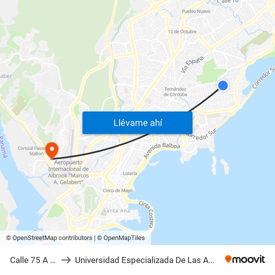 Calle 75 A Este-R to Universidad Especializada De Las Americas (Udelas) map