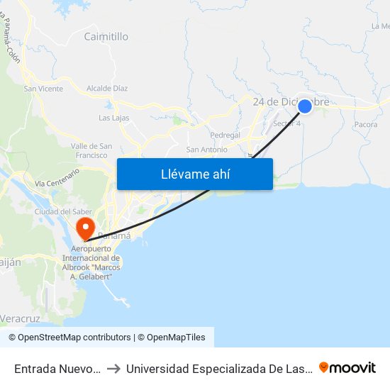 Entrada Nuevo Tocumen to Universidad Especializada De Las Americas (Udelas) map