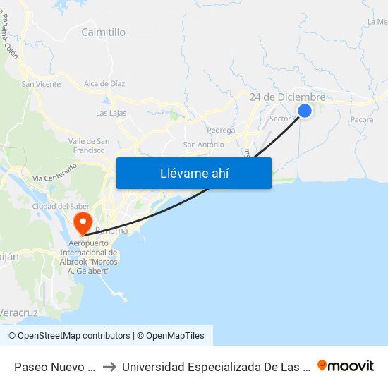 Paseo Nuevo Tocumen to Universidad Especializada De Las Americas (Udelas) map