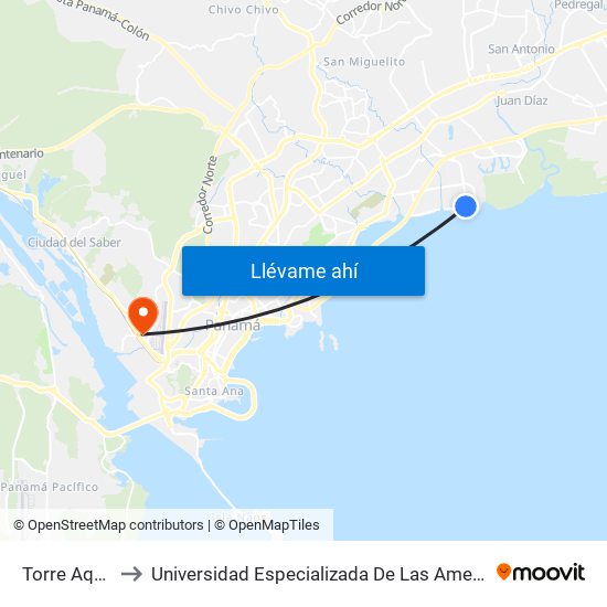 Torre Aqua 2-I to Universidad Especializada De Las Americas (Udelas) map