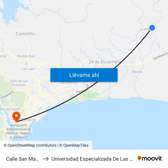 Calle San Martín, 3-24 to Universidad Especializada De Las Americas (Udelas) map