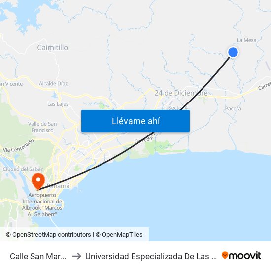 Calle San Martín, 26-38 to Universidad Especializada De Las Americas (Udelas) map