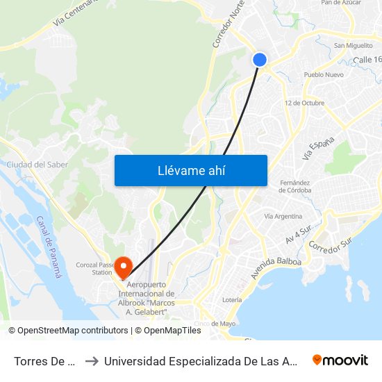 Torres De Milán-I to Universidad Especializada De Las Americas (Udelas) map