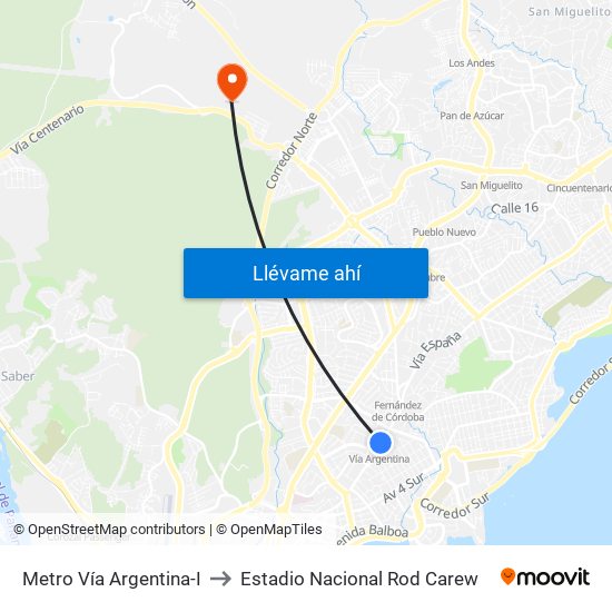 Metro Vía Argentina-I to Estadio Nacional Rod Carew map