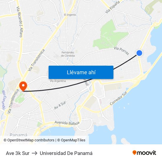 Ave 3k Sur to Universidad De Panamá map