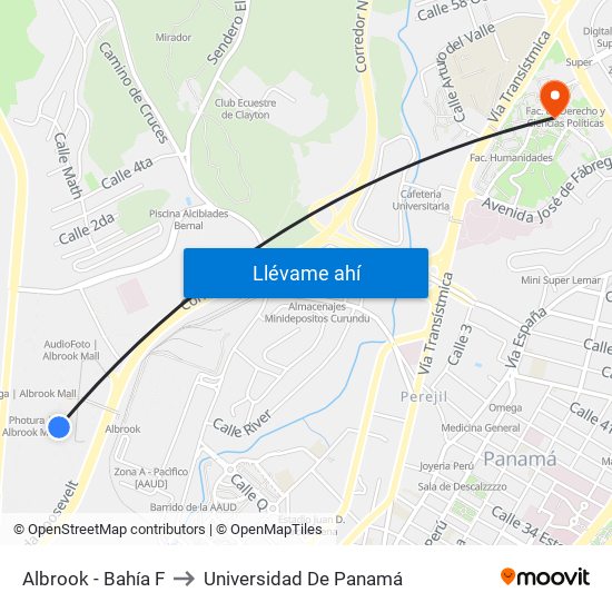 Albrook - Bahía F to Universidad De Panamá map