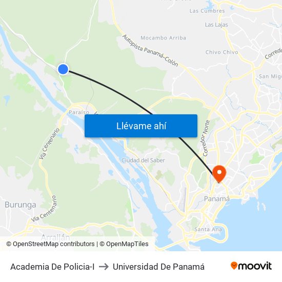 Academia De Policia-I to Universidad De Panamá map