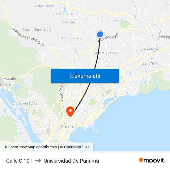 Calle C 10-I to Universidad De Panamá map