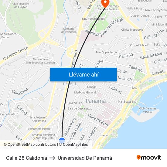 Calle 28 Calidonia to Universidad De Panamá map
