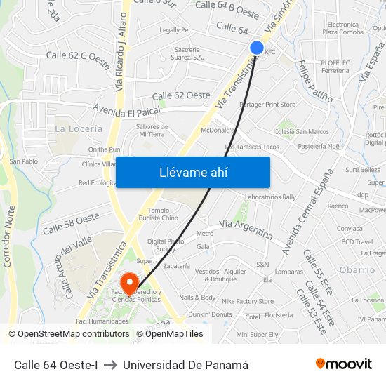 Calle 64 Oeste-I to Universidad De Panamá map