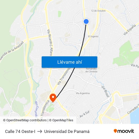 Calle 74 Oeste-I to Universidad De Panamá map