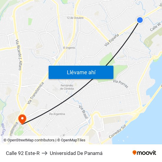 Calle 92 Este-R to Universidad De Panamá map