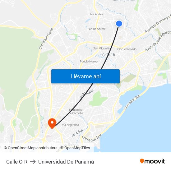 Calle O-R to Universidad De Panamá map