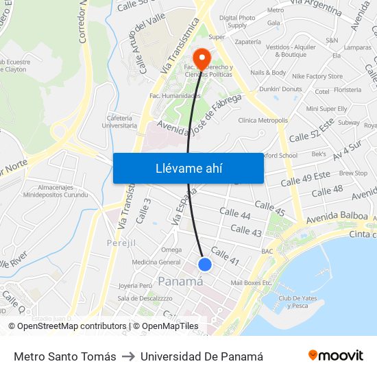 Metro Santo Tomás to Universidad De Panamá map