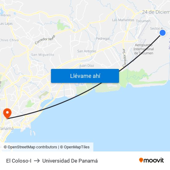 El Coloso-I to Universidad De Panamá map