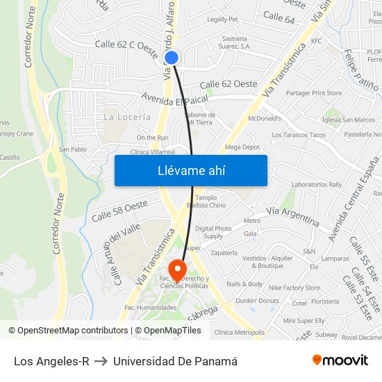 Los Angeles-R to Universidad De Panamá map