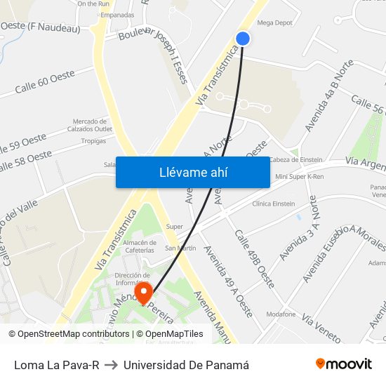 Loma La Pava-R to Universidad De Panamá map