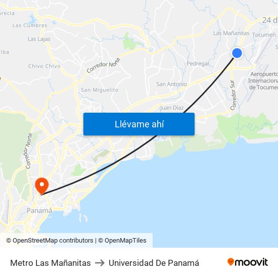 Metro Las Mañanitas to Universidad De Panamá map