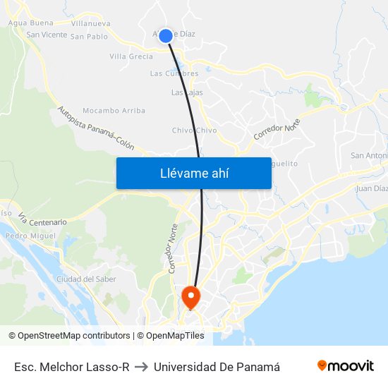 Esc. Melchor Lasso-R to Universidad De Panamá map