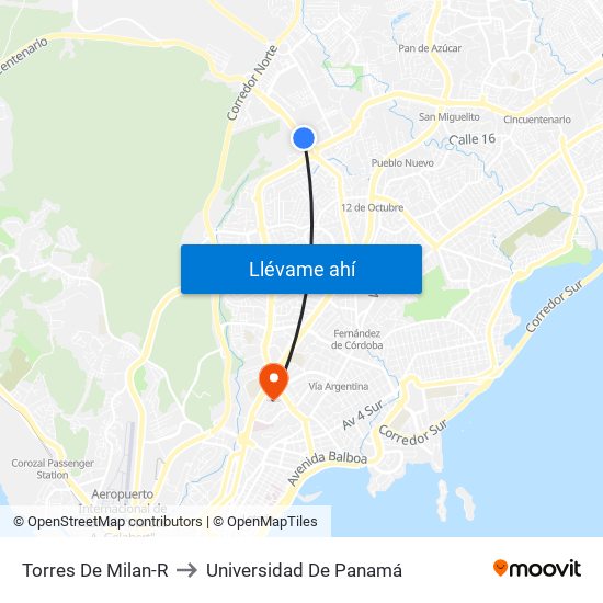 Torres De Milan-R to Universidad De Panamá map