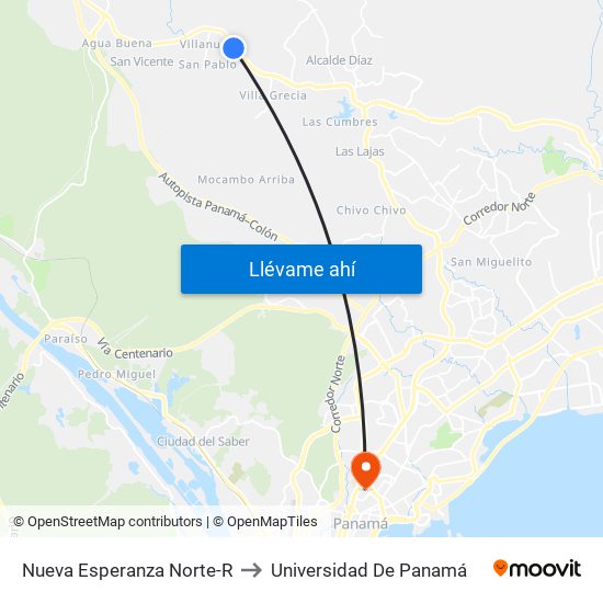 Nueva Esperanza Norte-R to Universidad De Panamá map