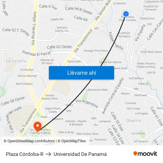 Plaza Córdoba-R to Universidad De Panamá map