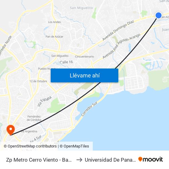 Zp Metro Cerro Viento - Bahía 2 to Universidad De Panamá map