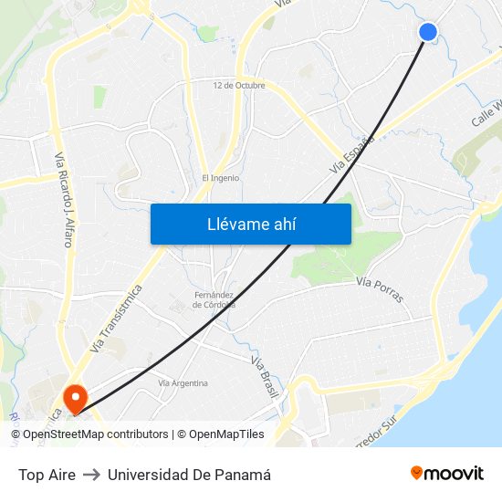 Top Aire to Universidad De Panamá map