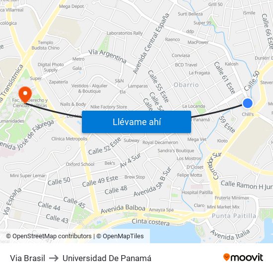 Via Brasil to Universidad De Panamá map