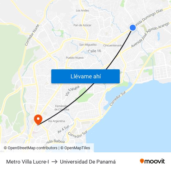Metro Villa Lucre-I to Universidad De Panamá map