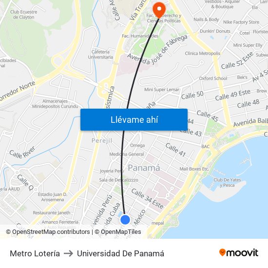 Metro Lotería to Universidad De Panamá map