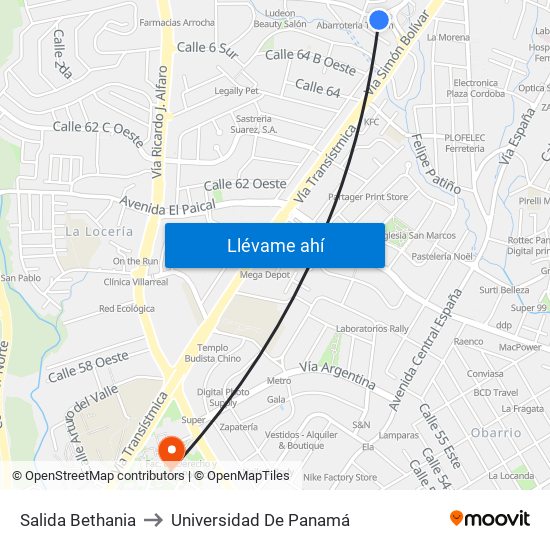 Salida Bethania to Universidad De Panamá map