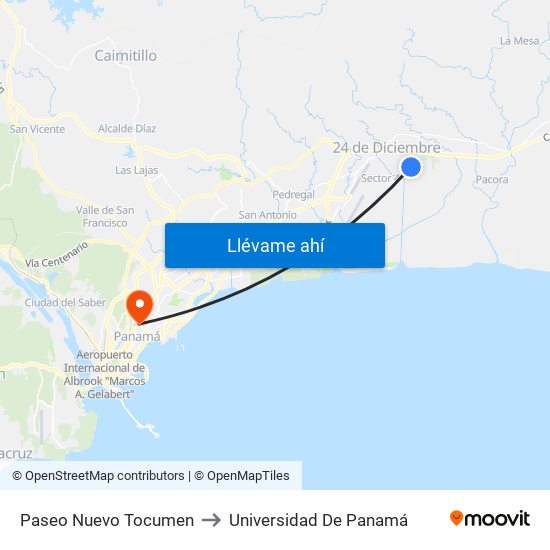 Paseo Nuevo Tocumen to Universidad De Panamá map