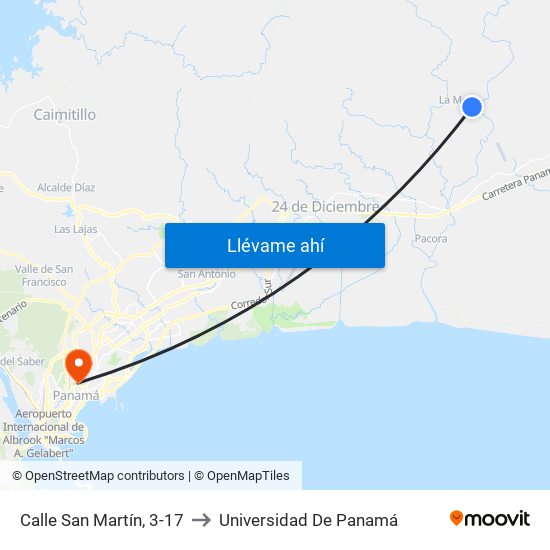 Calle San Martín, 3-17 to Universidad De Panamá map