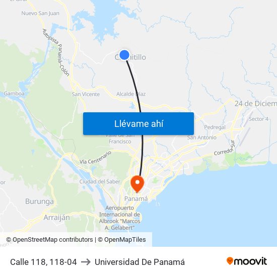 Calle 118, 118-04 to Universidad De Panamá map