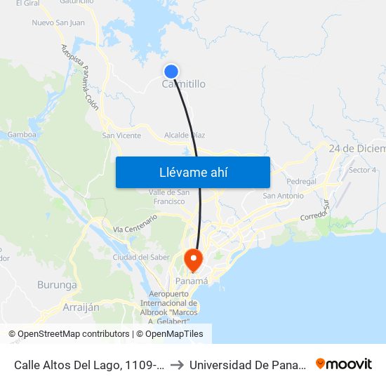 Calle Altos Del Lago, 1109-03 to Universidad De Panamá map