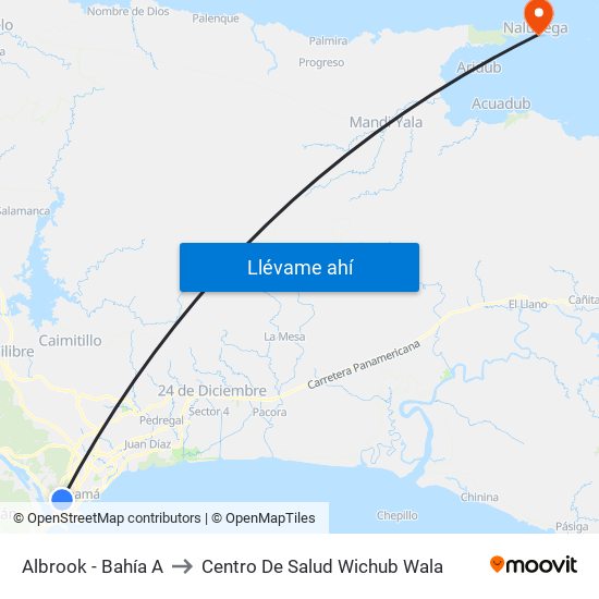 Albrook - Bahía A to Centro De Salud Wichub Wala map