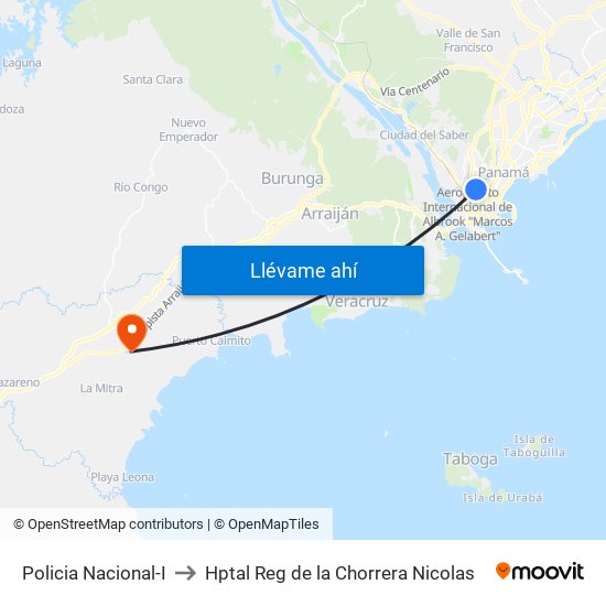 Policia Nacional-I to Hptal Reg de la Chorrera Nicolas map