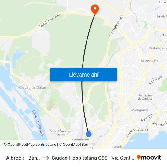 Albrook - Bahía A to Ciudad Hospitalaria CSS - Via Centenario map